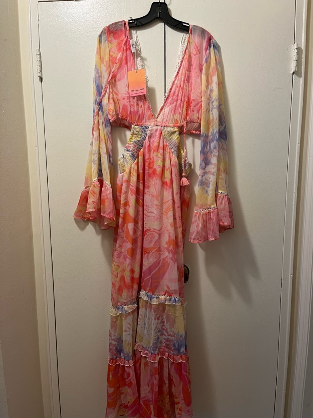 Women's Pink Multi Maxi Dress with Deep V and Bell Sleeves